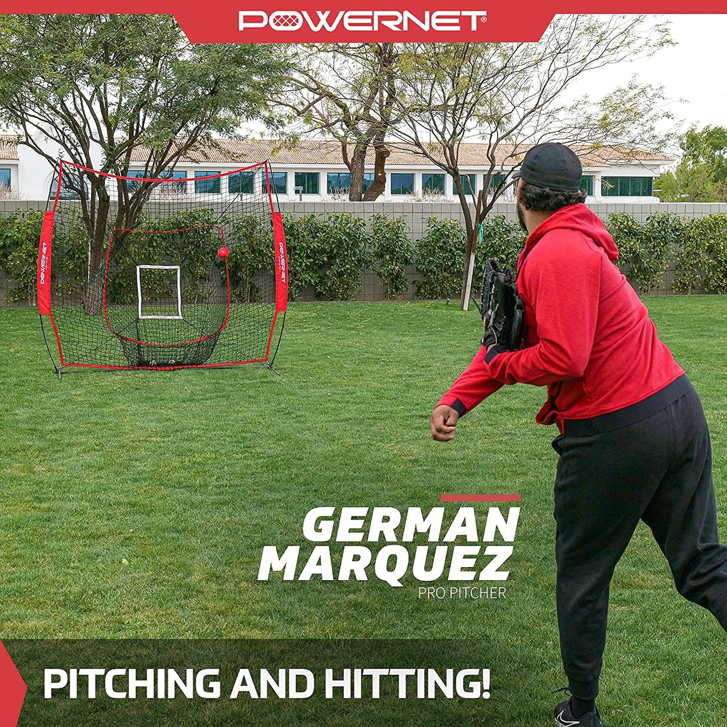 Powernet 7X7 DLX Practice Net + Deluxe Tee + Ball Caddy + 3 Pack Weighted Ball + Strike Zone Bundle | Baseball Softball Coach Pack | Pitching Batting Training Equipment Set | 7' X 7' (Navy)