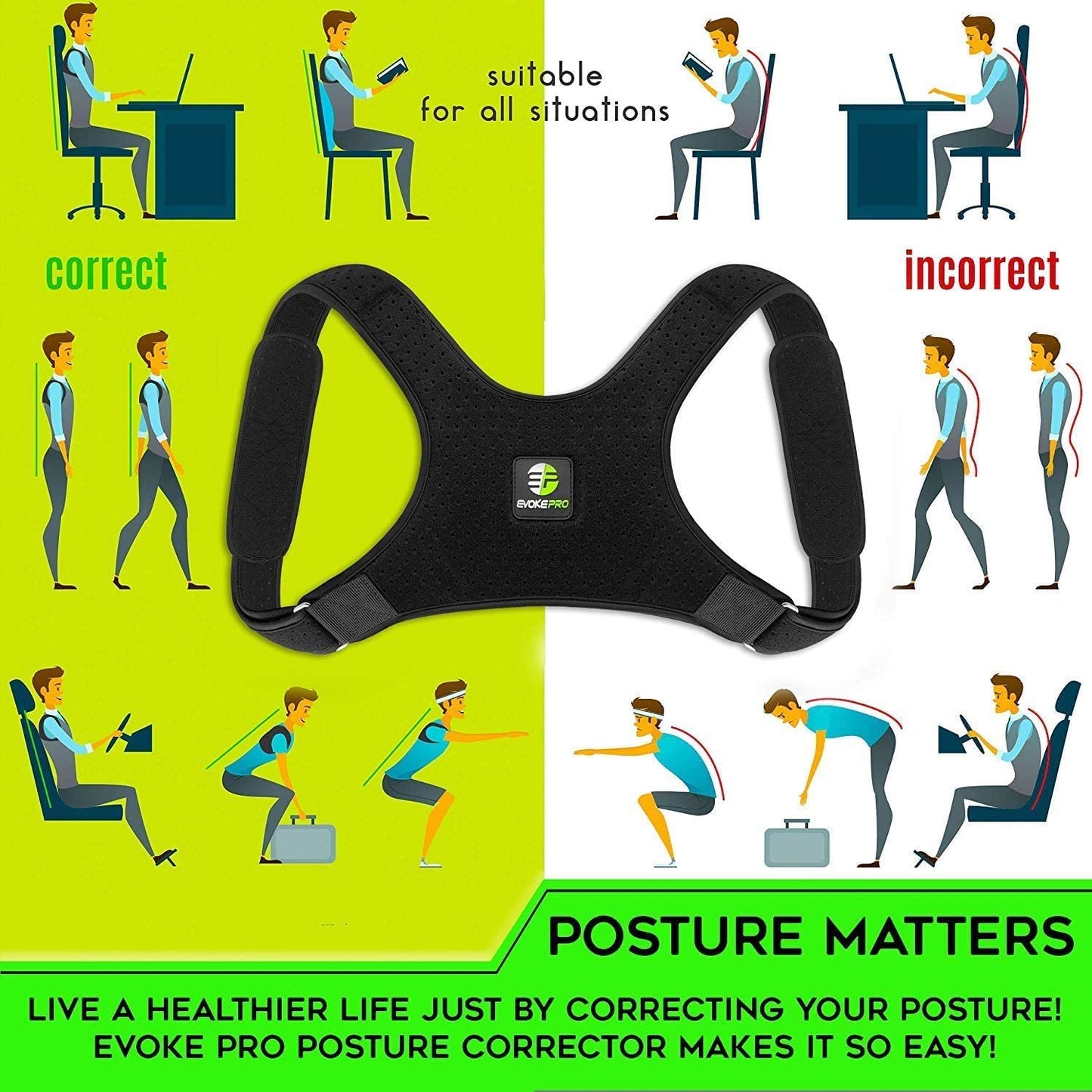 Evoke Pro Back Posture Corrector for Women and Men + Resistance Band - Trains Your Back Muscles to Prevent Slouching and Provides Back Pain Relief (Regular)
