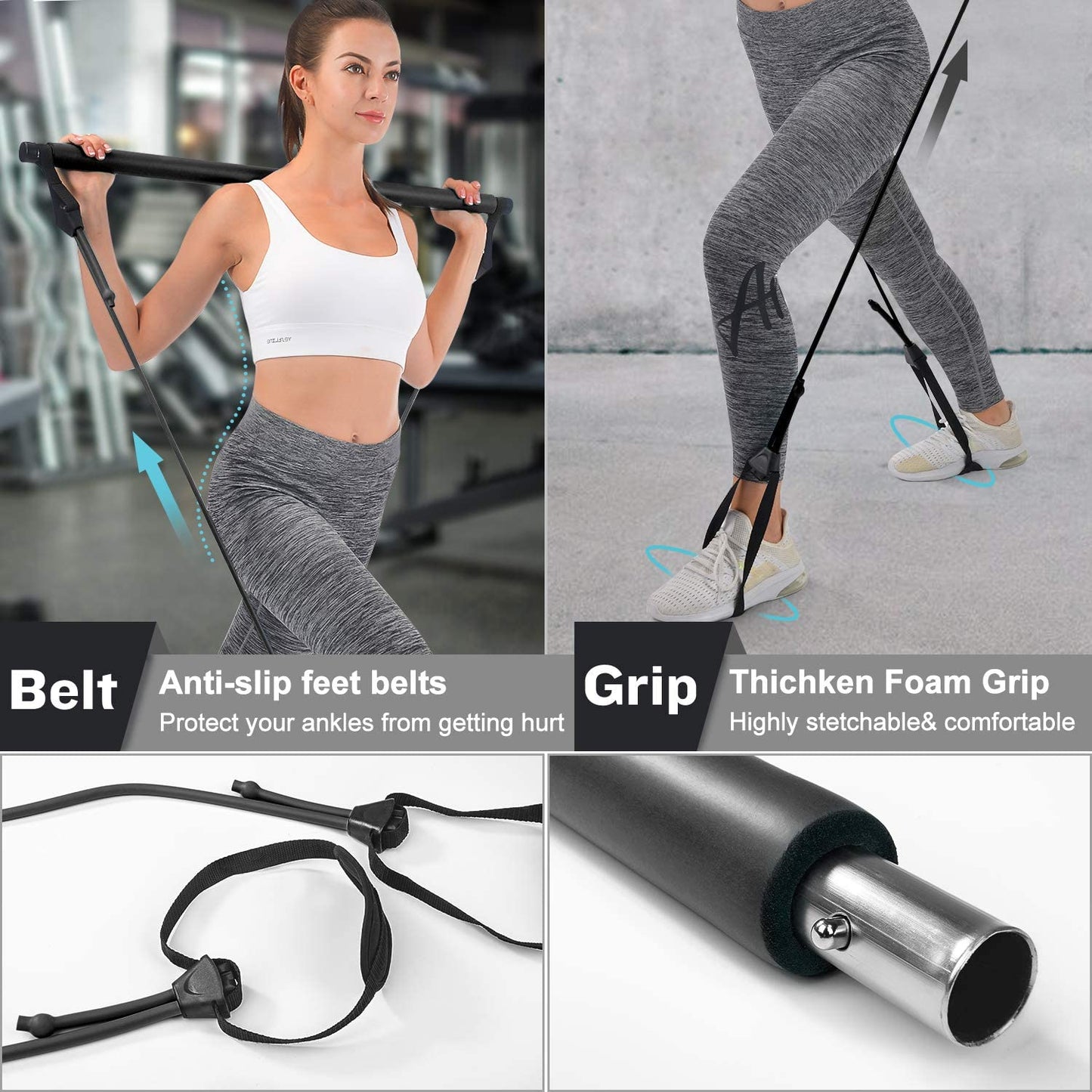 Pilates Bar, Wastou Portable Pilates Bar Kit with Adjustable Resistance Band for Different Height, Home Gym Exercise Stick Yoga Bar with Foot Loop for Hipsline, Stretching, Muscle Toning