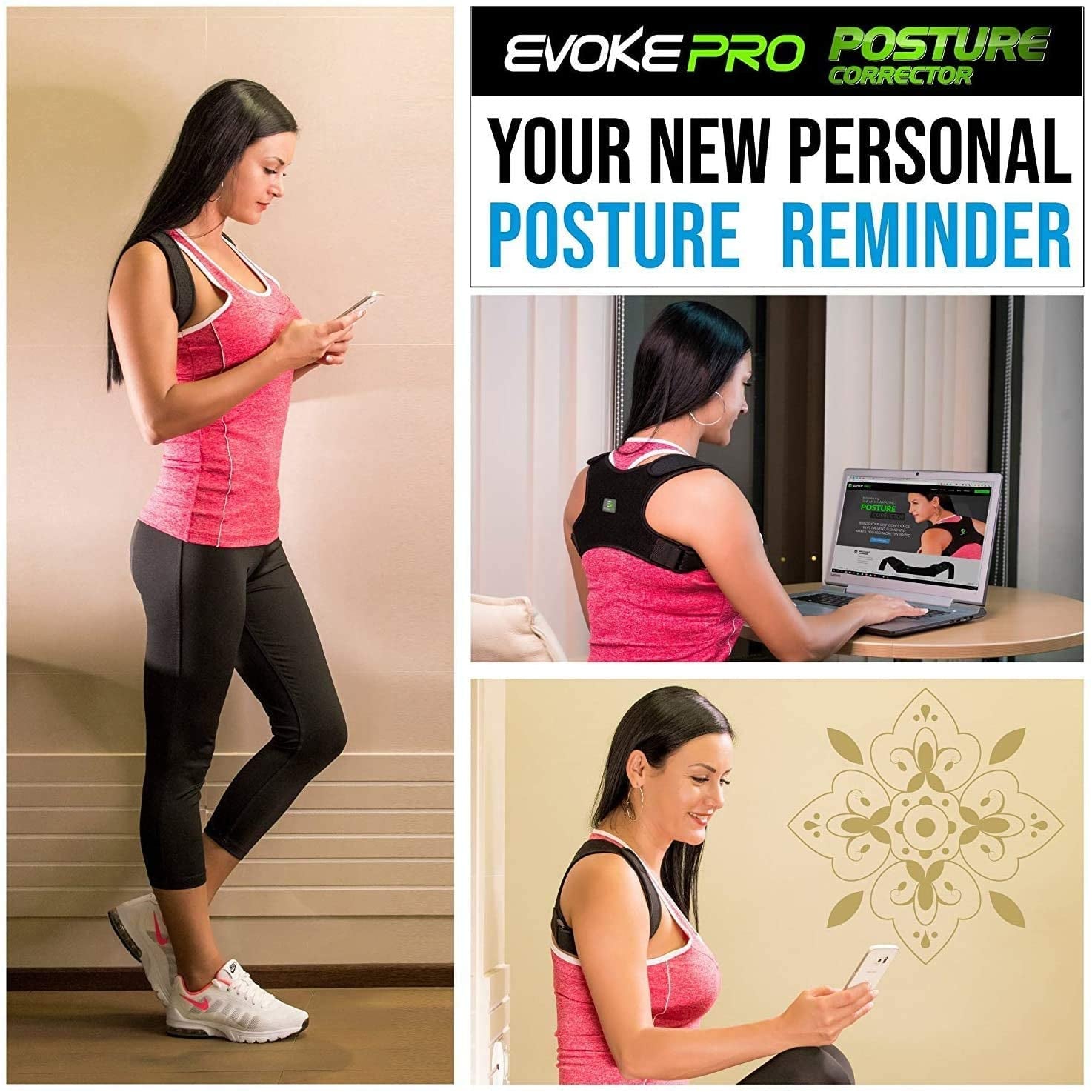 Evoke Pro Back Posture Corrector for Women and Men + Resistance Band - Trains Your Back Muscles to Prevent Slouching and Provides Back Pain Relief (Regular)