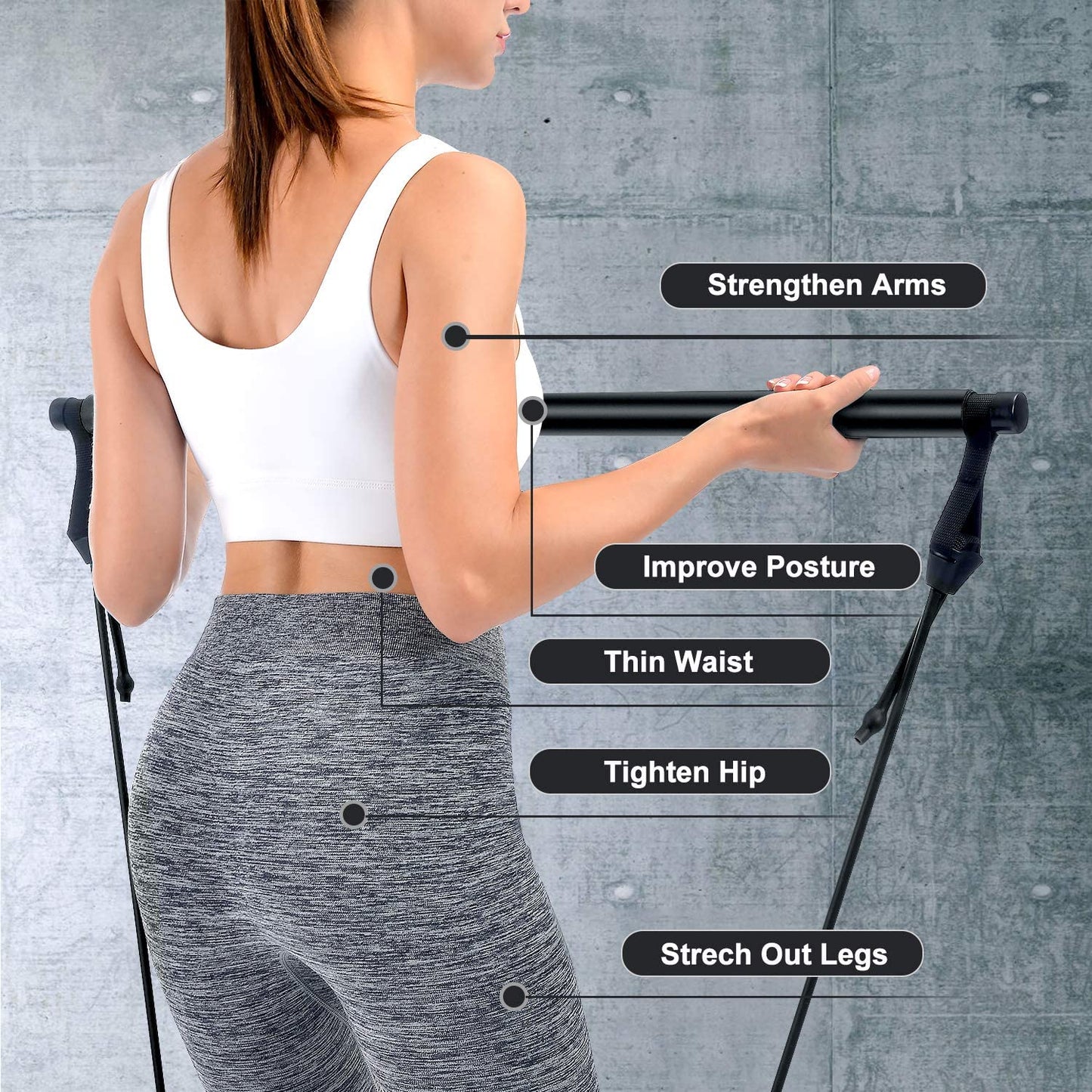 Pilates Bar, Wastou Portable Pilates Bar Kit with Adjustable Resistance Band for Different Height, Home Gym Exercise Stick Yoga Bar with Foot Loop for Hipsline, Stretching, Muscle Toning