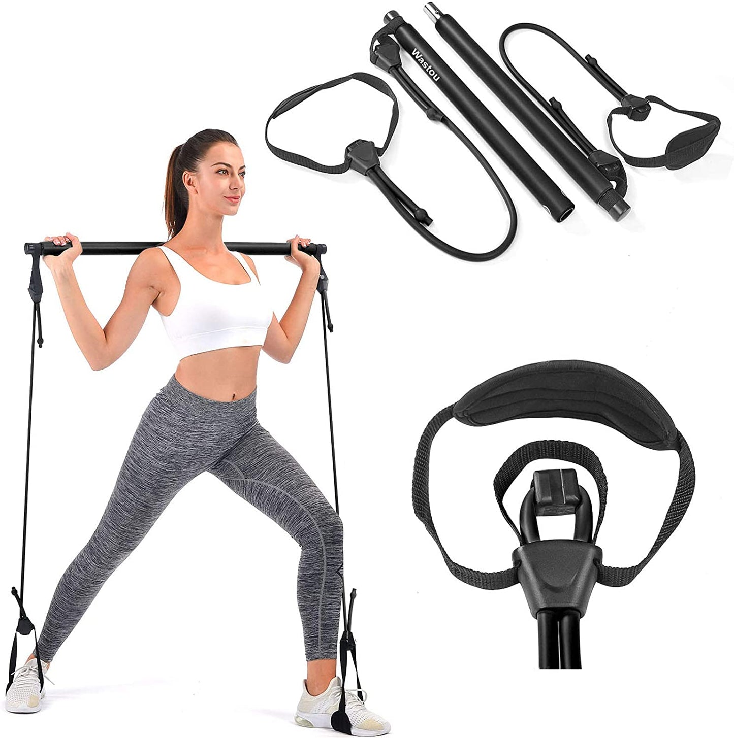 Pilates Bar, Wastou Portable Pilates Bar Kit with Adjustable Resistance Band for Different Height, Home Gym Exercise Stick Yoga Bar with Foot Loop for Hipsline, Stretching, Muscle Toning