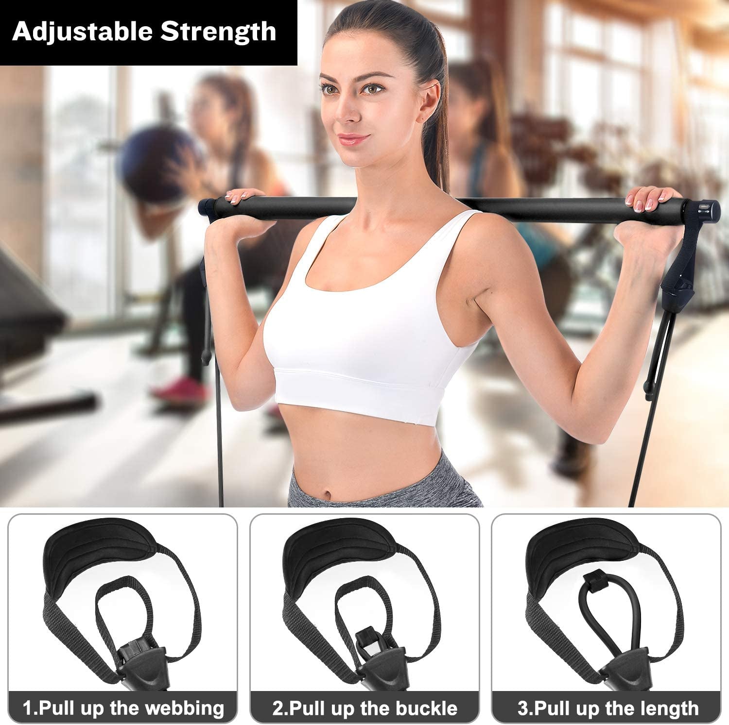 Pilates Bar, Wastou Portable Pilates Bar Kit with Adjustable Resistance Band for Different Height, Home Gym Exercise Stick Yoga Bar with Foot Loop for Hipsline, Stretching, Muscle Toning