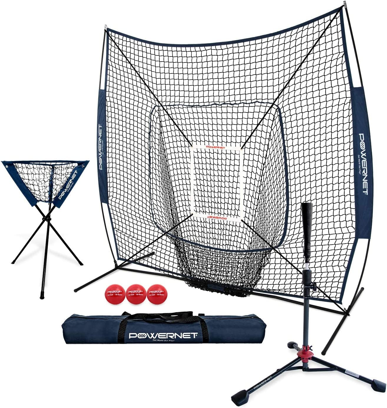 Powernet 7X7 DLX Practice Net + Deluxe Tee + Ball Caddy + 3 Pack Weighted Ball + Strike Zone Bundle | Baseball Softball Coach Pack | Pitching Batting Training Equipment Set | 7' X 7' (Navy)