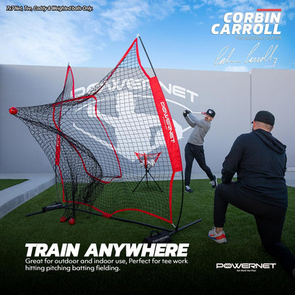Powernet 7X7 DLX Practice Net + Deluxe Tee + Ball Caddy + 3 Pack Weighted Ball + Strike Zone Bundle | Baseball Softball Coach Pack | Pitching Batting Training Equipment Set | 7' X 7' (Navy)